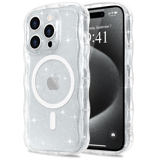 Pepmune iPhone 15 Pro用 ケース MagSafe対応 キラキラ ラメ ウェーブ かわいい 半透明 カバー(クリア)