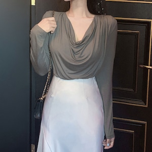 ドレープ Tシャツ 長袖 レディース 春秋 トップス 韓国 大人 カジュアル きれいめ ストリート おしゃれ ドレープネック 無地 カットソー 大人可愛い 大人女子