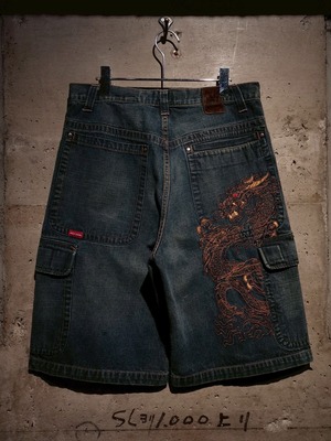 【Caka】"JNCO" Dragon Embroidery Vintage Baggy Denim Cargo Shorts