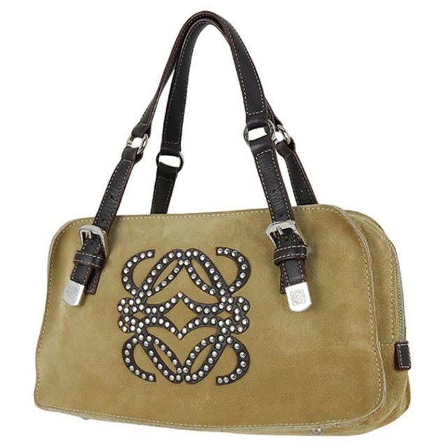 Used LOEWE ロエベ ハンドバッグ アナグラム スエード レザー ベージュ ダークブラウン 中古良品