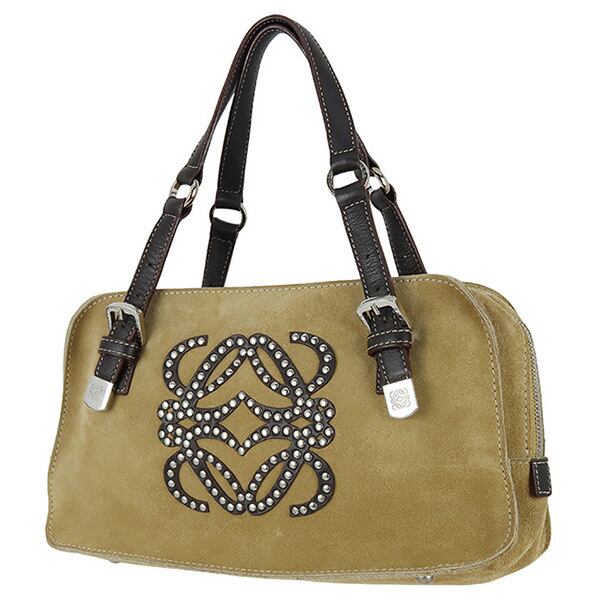 Used LOEWE ロエベ ハンドバッグ アナグラム スエード レザー ベージュ ダークブラウン 中古良品