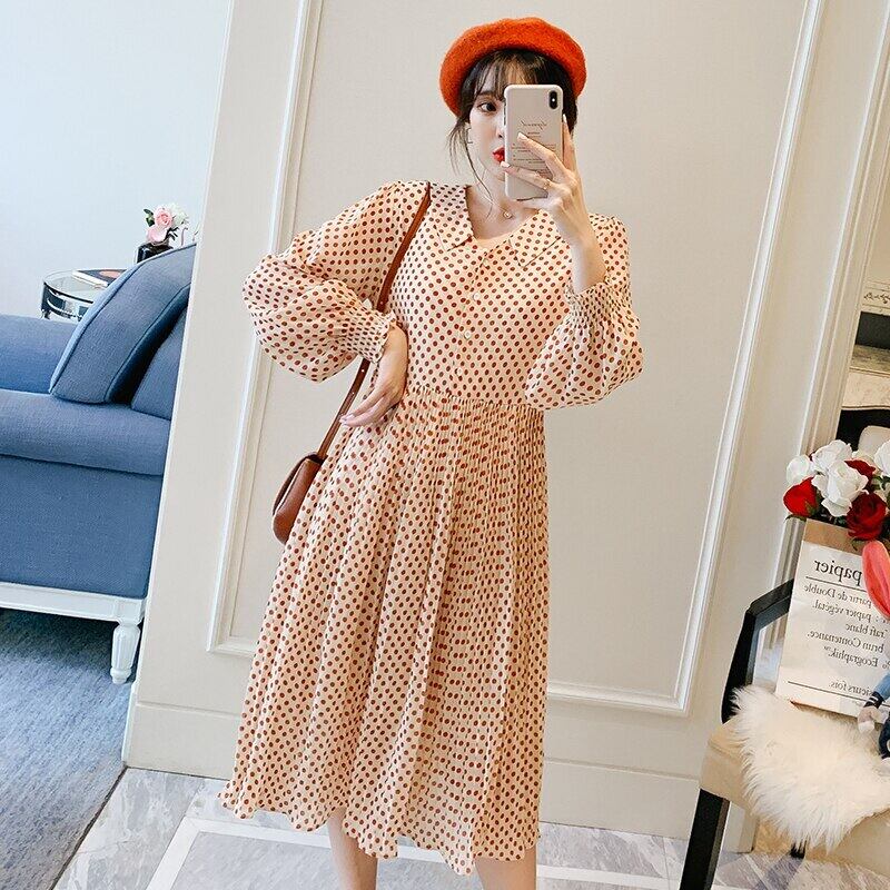 【新作】【送料無料】 8307＃マタニティ服春秋コットンVネック長袖ルーズスタイリッシュドットドレス妊婦ママドレス ロング スプリング 春物 オータム 秋物 AL expec33541517998