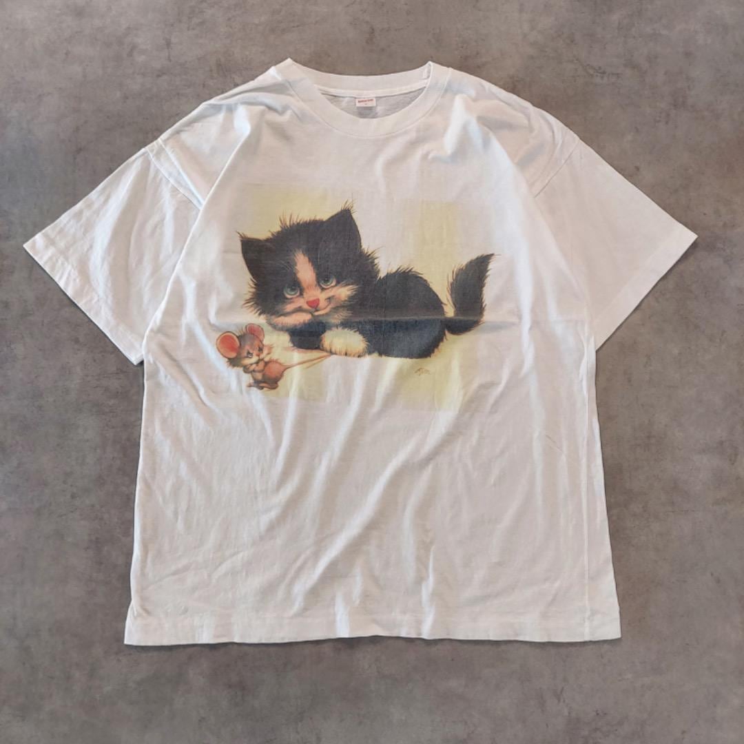 ガレンヌ アニマル プリントTシャツ 猫 90s 古着 XL 白 15180