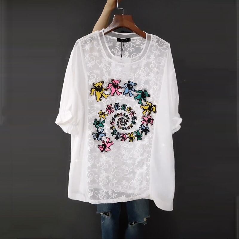 サマーブラウス レースパターンルーズラウンドネックカジュアルTシャツ 夏物 Oネック ミックスインファッション24133307390