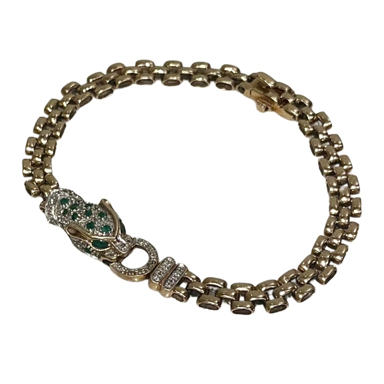 vintage 9ct gold panther head panther chain bracelet set with emelard&diamond