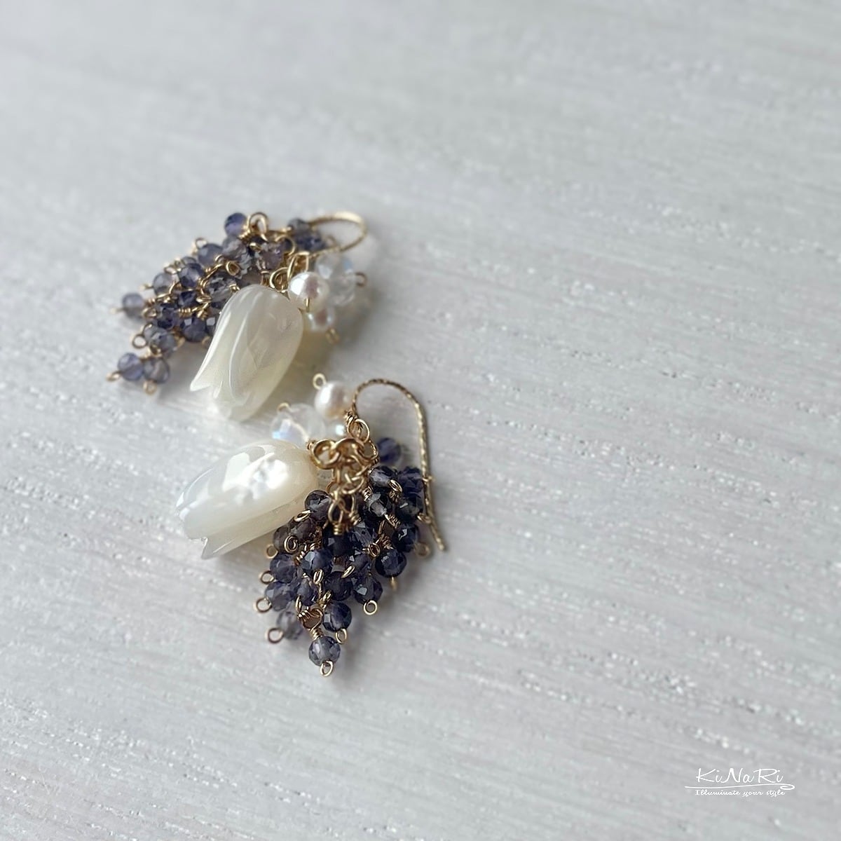 14kgf スモーキークォーツ×ハーキマーダイヤ×アイオライト　天然石ピアス 14kgf スモーキークォーツ×ハーキマーダイヤ×アイオライト