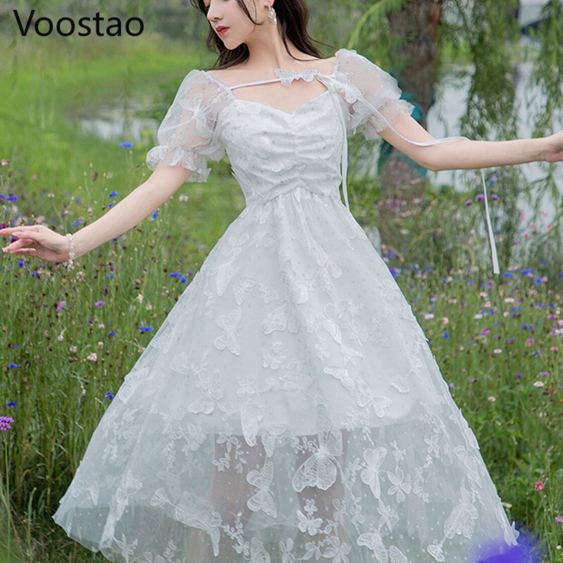 甘いロリータ白ロングドレスの女性の夏の蝶レースメッシュパフスリーブ 