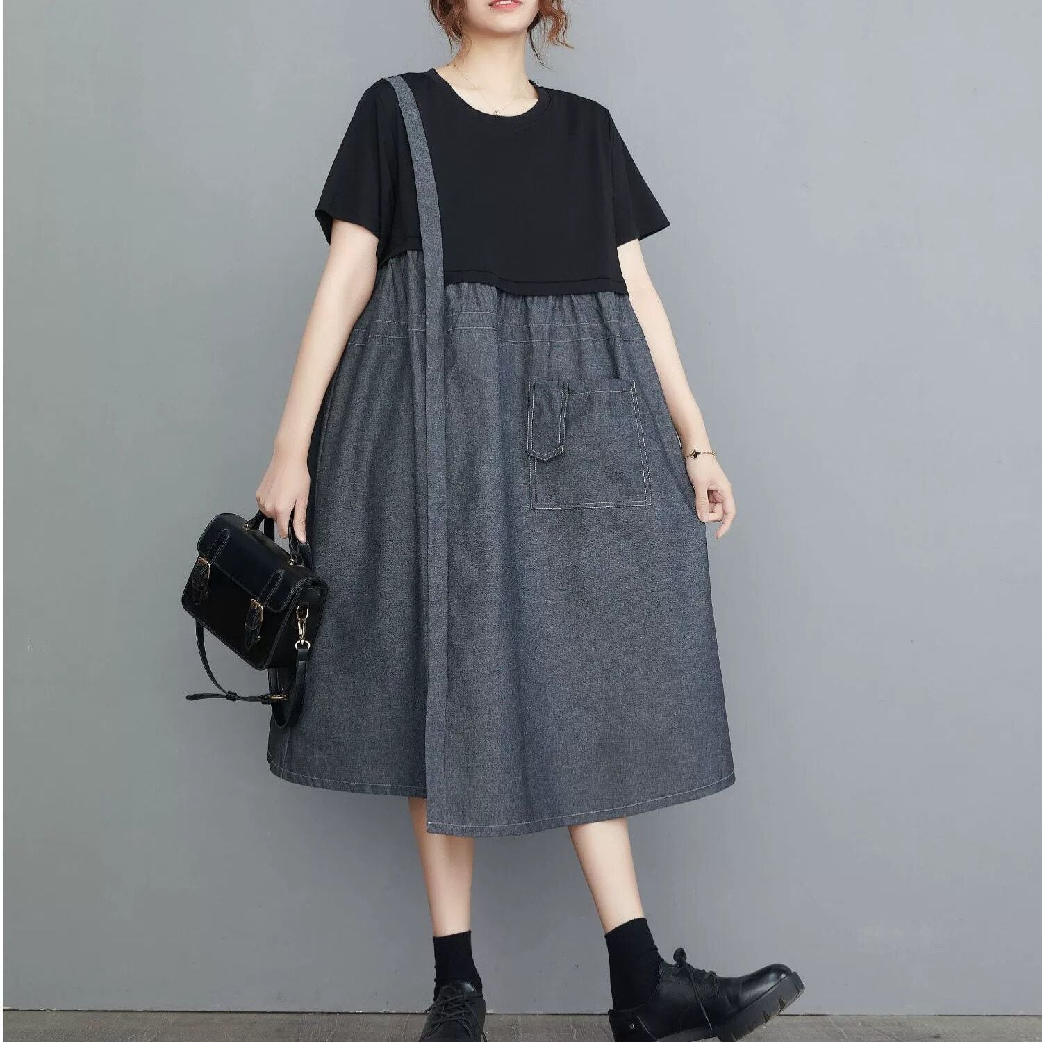 CONTRAST STITCH HALF SLEEVES MIDI PULLOVER DRESS 1color M-14124