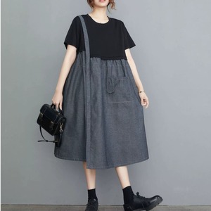 CONTRAST STITCH HALF SLEEVES MIDI PULLOVER DRESS 1color M-14124