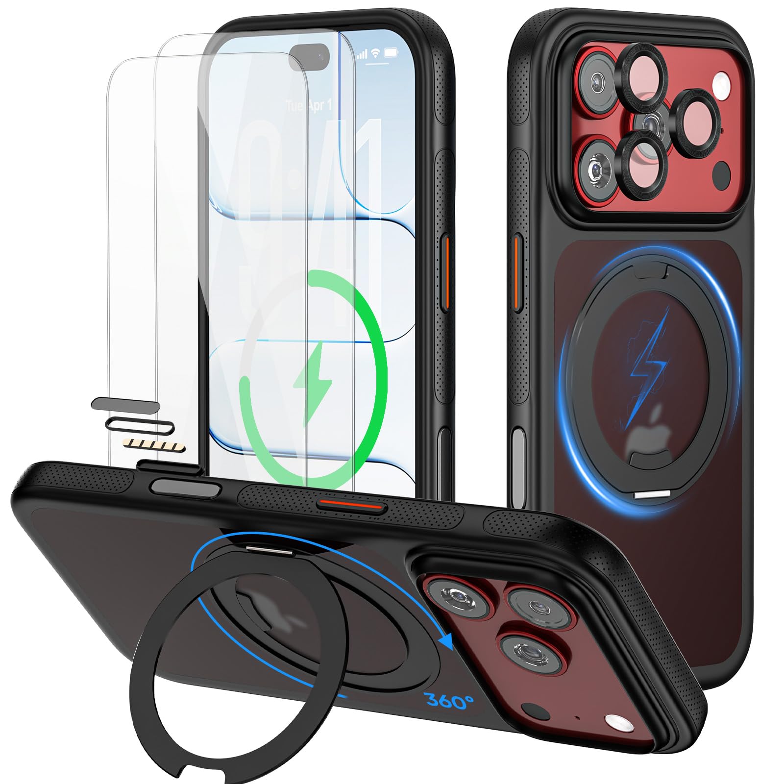 KOWEDYA iPhone 17 Pro/18 Pro ケース 360°回転リングスタンド MagSafe対応 4点セット 半透明 ブラック