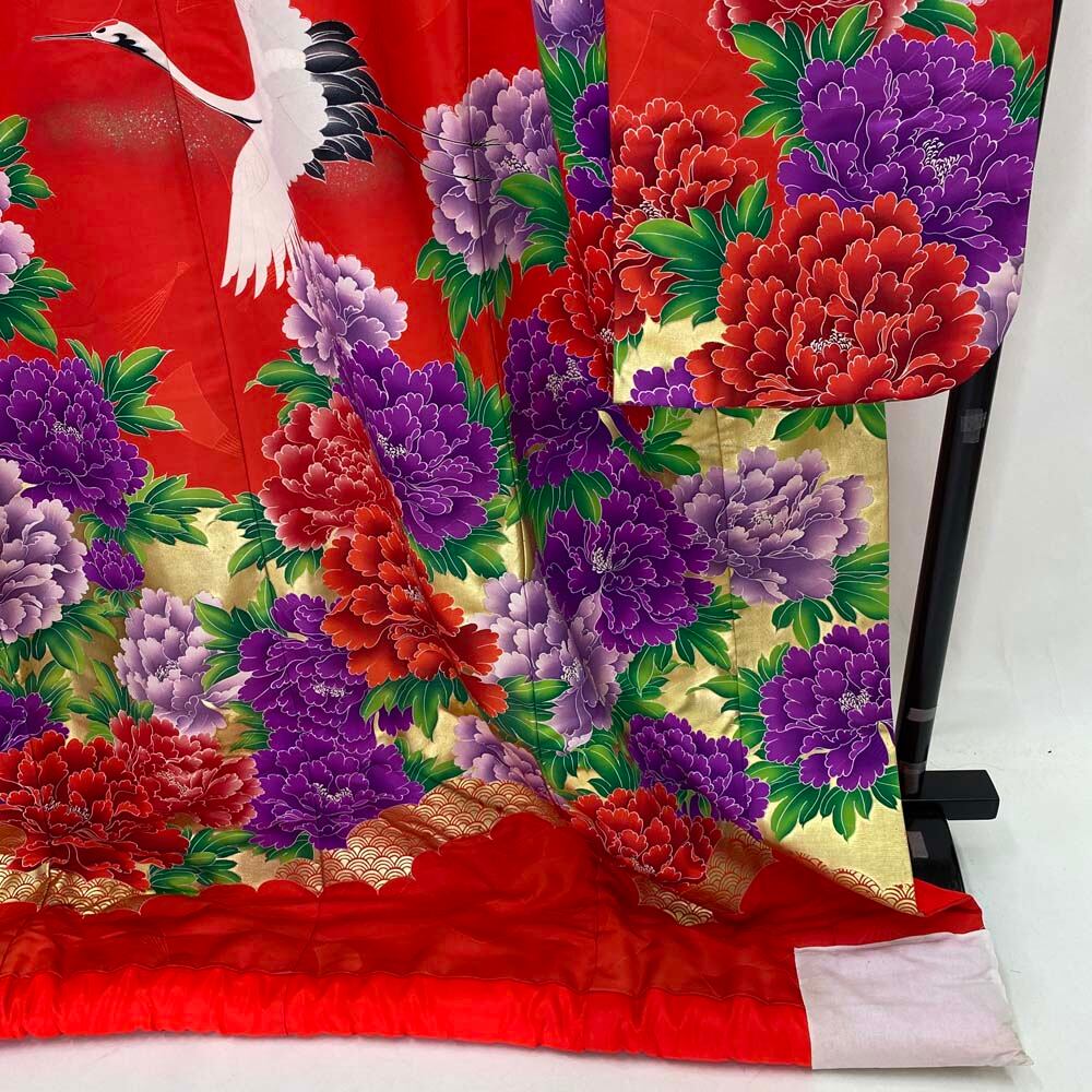 色打掛 正絹 鶴 牡丹 刺繍 金 赤 打掛 花嫁衣裳 婚礼 リサイクル 中古