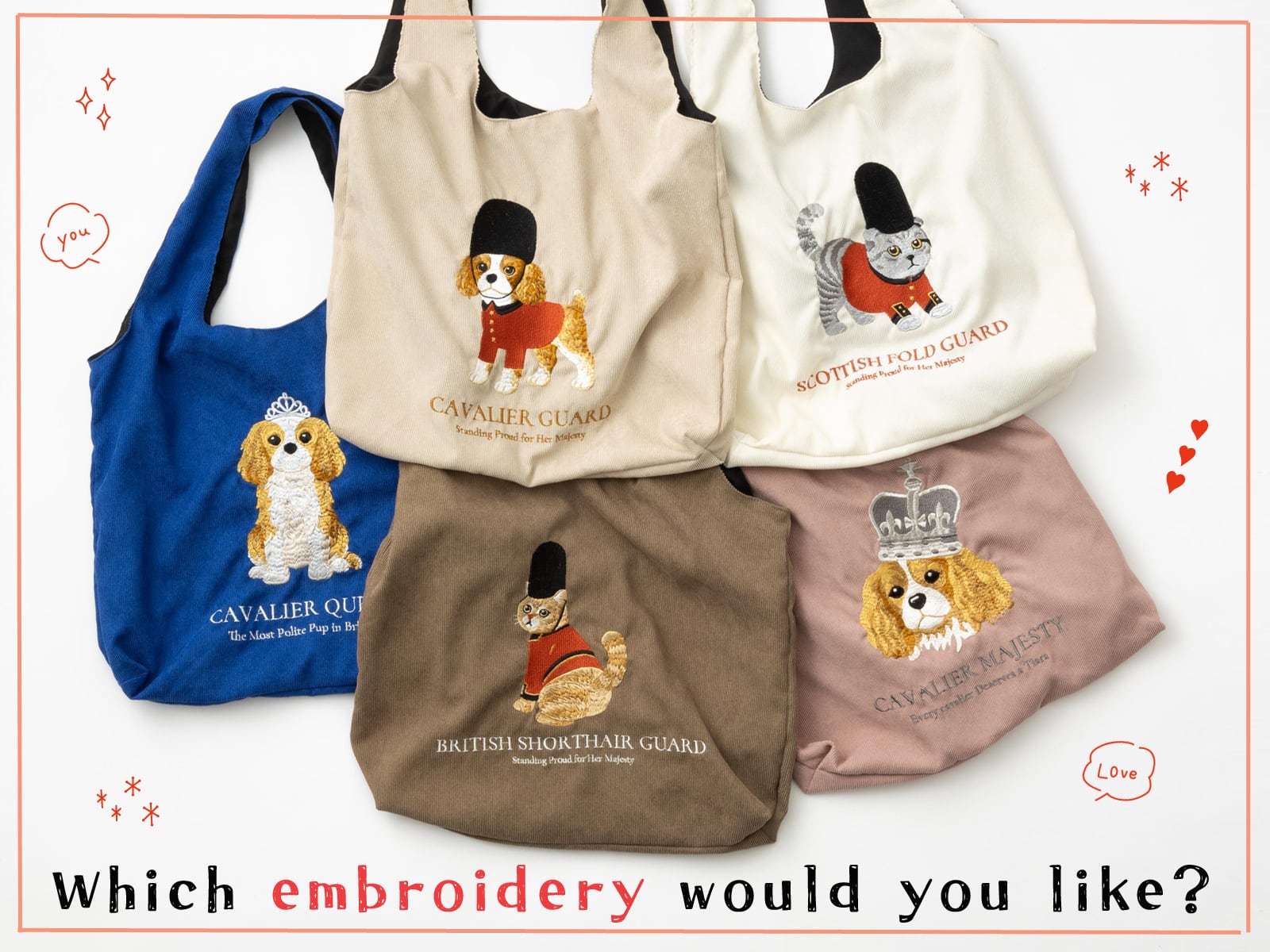 英国ロイヤルデザイン 猫 犬デザイン刺繍 コーデュロイ トートバッグ
