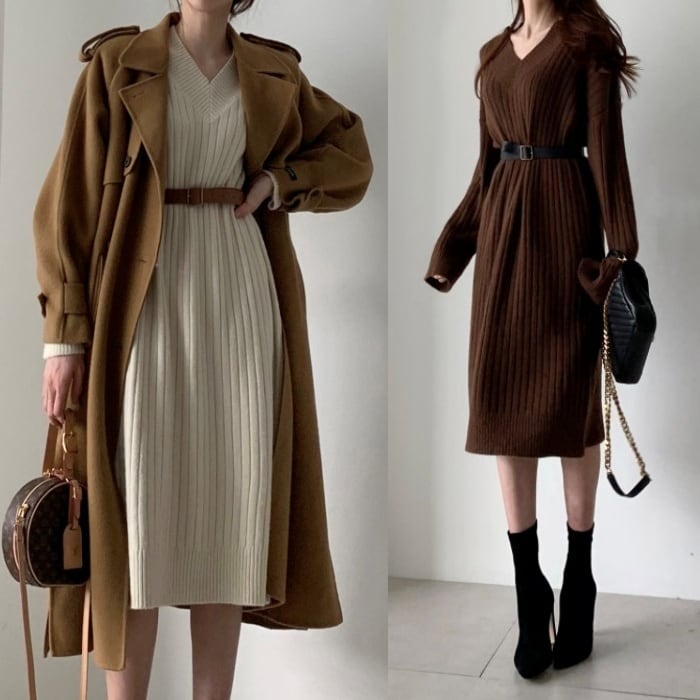 パイピング 膝丈 ニットワンピース ワンピドレス ひざ丈 袖あり 長袖 V