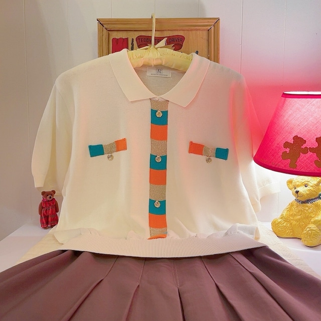 color block coin charm polo knit