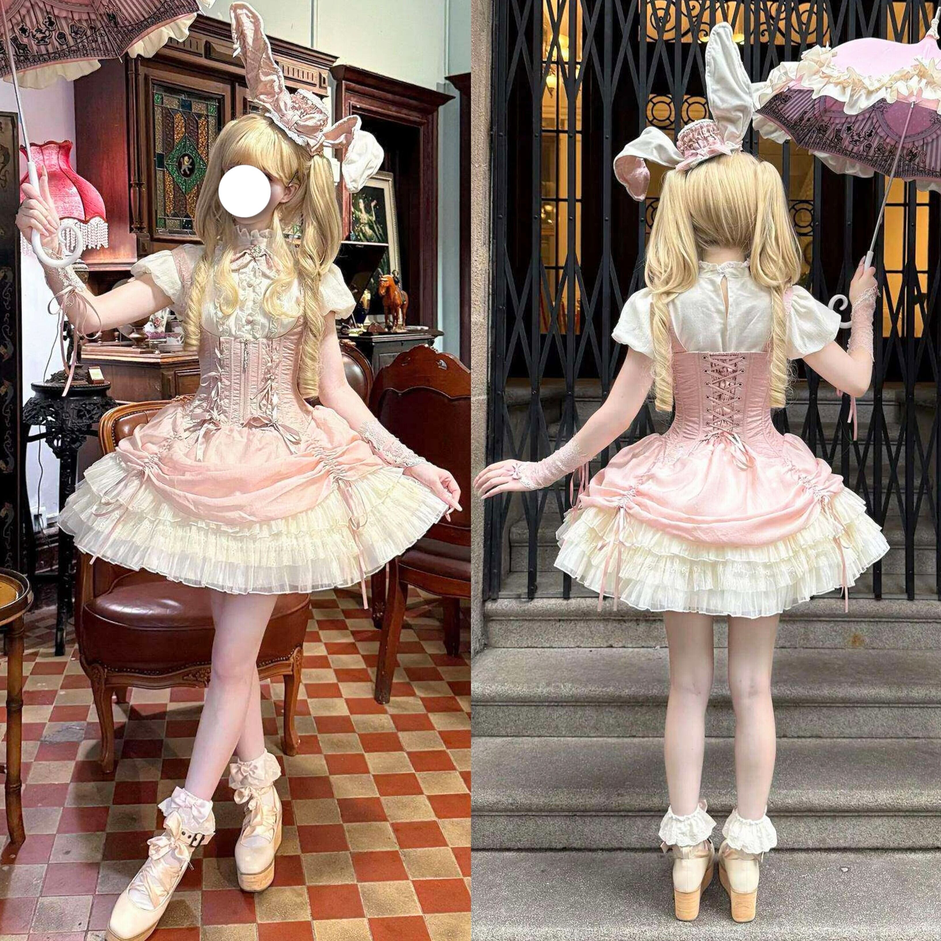ロリータ 甘ロリ バニー ブラウス ジャンスカ ハット セット 4color