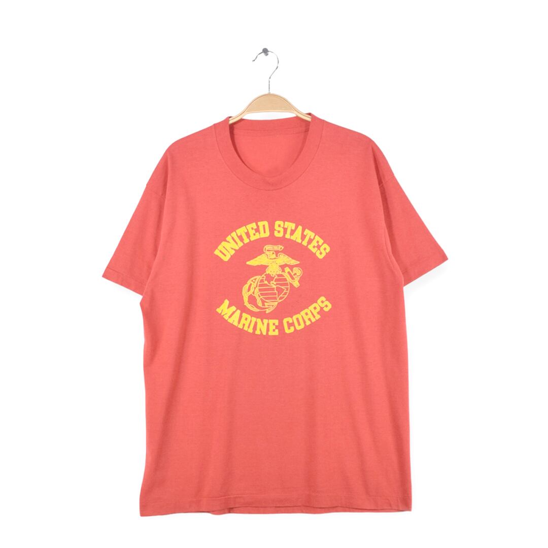 80s USMC ヴィンテージTシャツ アメリカ海兵隊 アーチロゴ ラバープリント 赤黄 袖裾シングル メンズXL相当 古着 @BZ0307