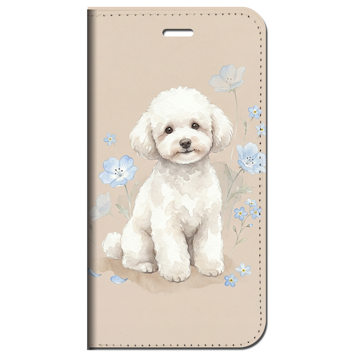 iPhone対応 スマホ 手帳型ケース ふわふわ犬 ネモフィラ ミルクティー ペールブルー 水彩 花柄 肉球 犬 水彩画 大人可愛い 足跡 スマホケース スタンド 【iPhone17 / iPhone16e / iPhone16 他 iPhone各機種対応】 |ianuan02