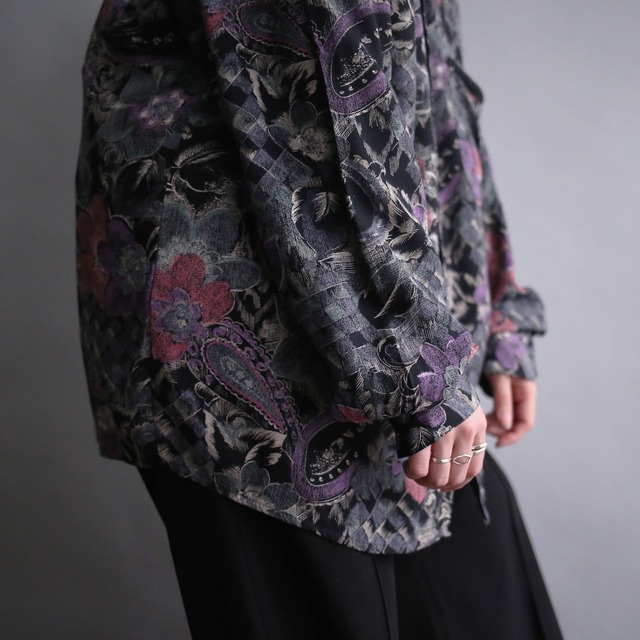 dark flower art pattern loose shirt（made in italy）