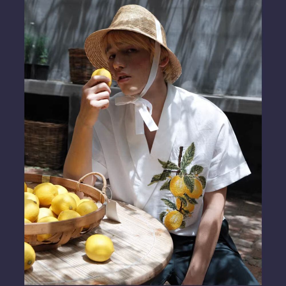 麻混/ベトジャン刺繍 /Temptation/半袖シャツ/L/コットン レモン刺繍コットンリネン半袖トップスメンズ E00219 | EMMA GRAND