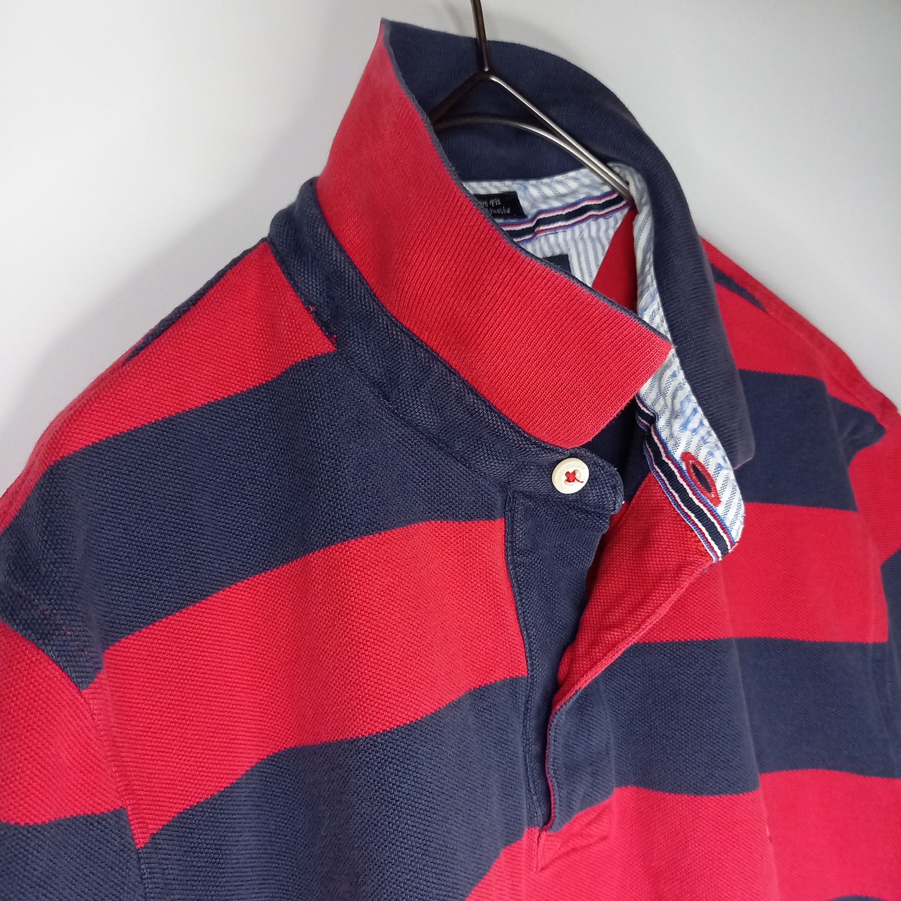 トミーヒルフィガー　ラガー　ポロシャツ　半袖　ボーダー　刺繍ロゴ　赤