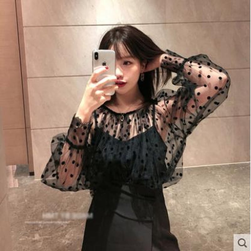 サブカル 服 地雷系 通販 ブラウス シースルー 水玉 ドット柄 シフォン レトロ 大人かわいい 上品 韓国系