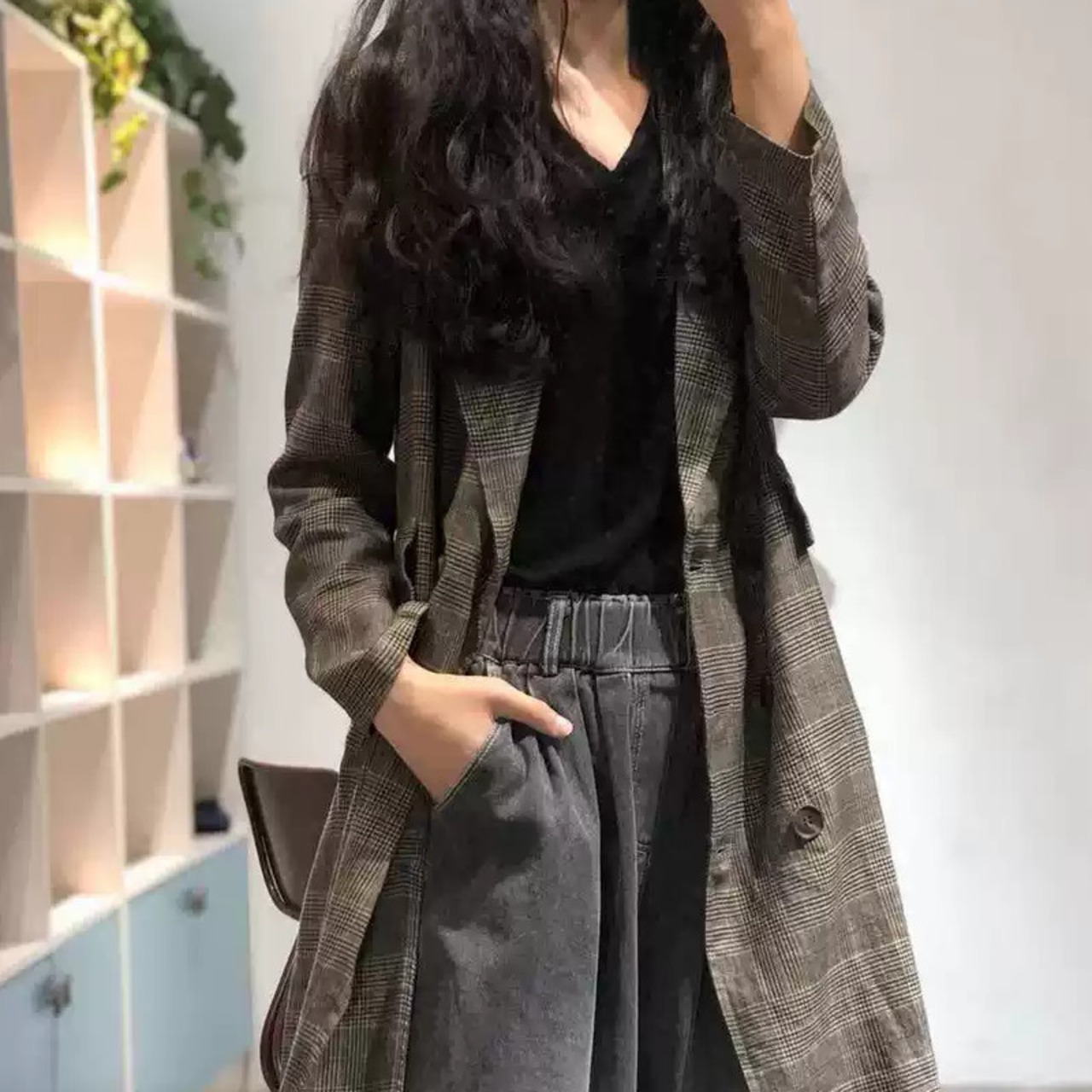 グレンチェックロングジャケット W00856