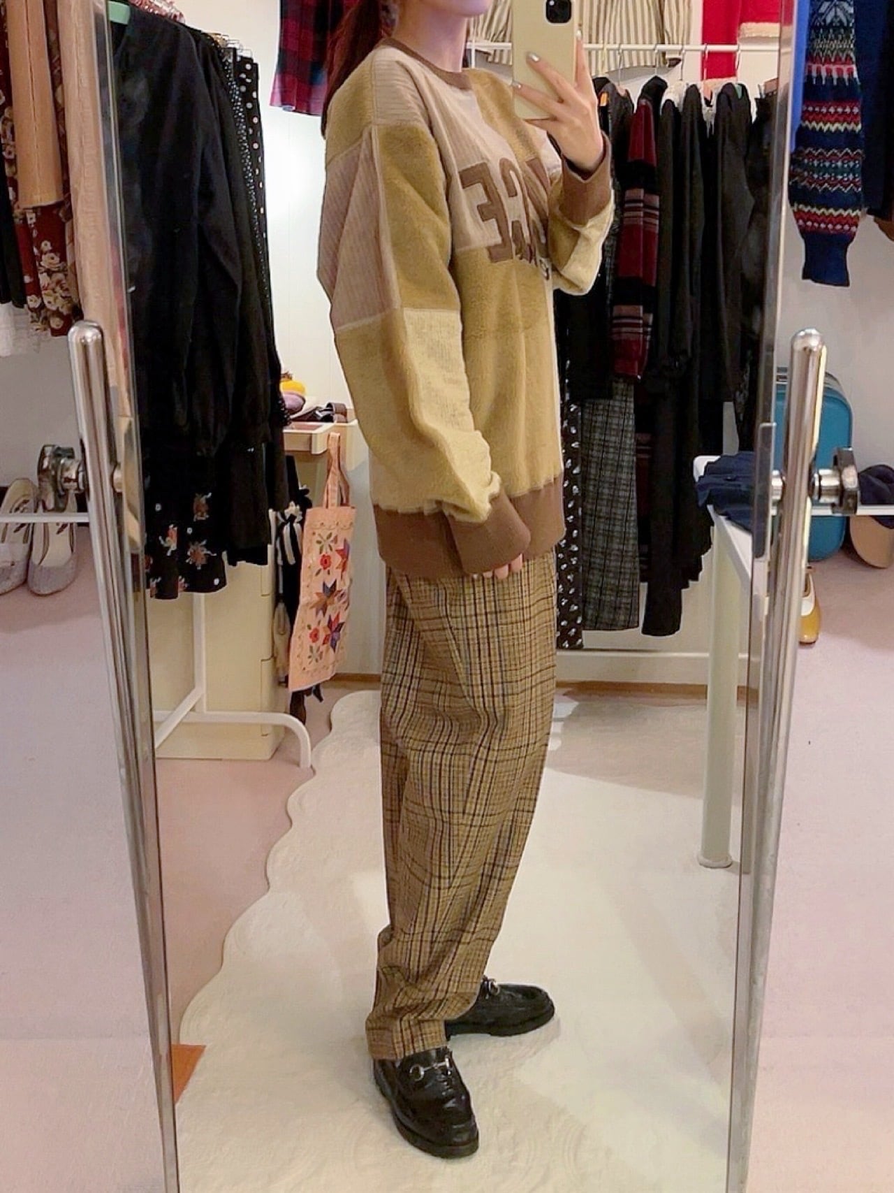 beige check wool tuck pants