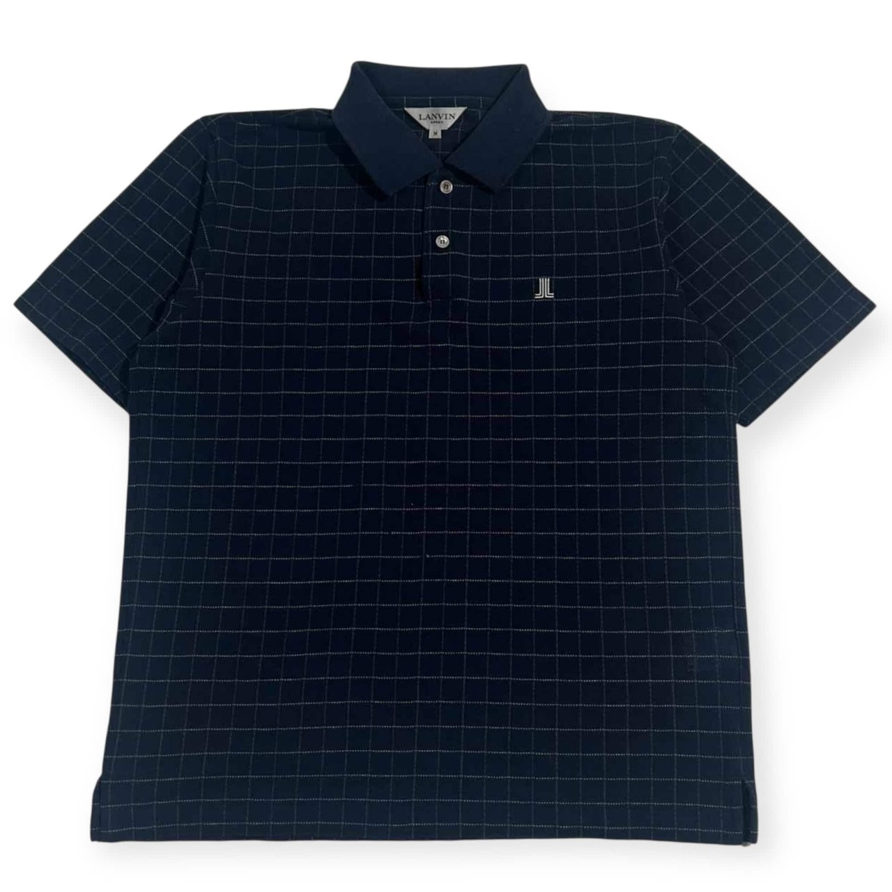 リネン混 LANVIN SPORT ランバンスポーツ チェック 鹿の子 半袖 ポロシャツ M/ネイビー メンズ