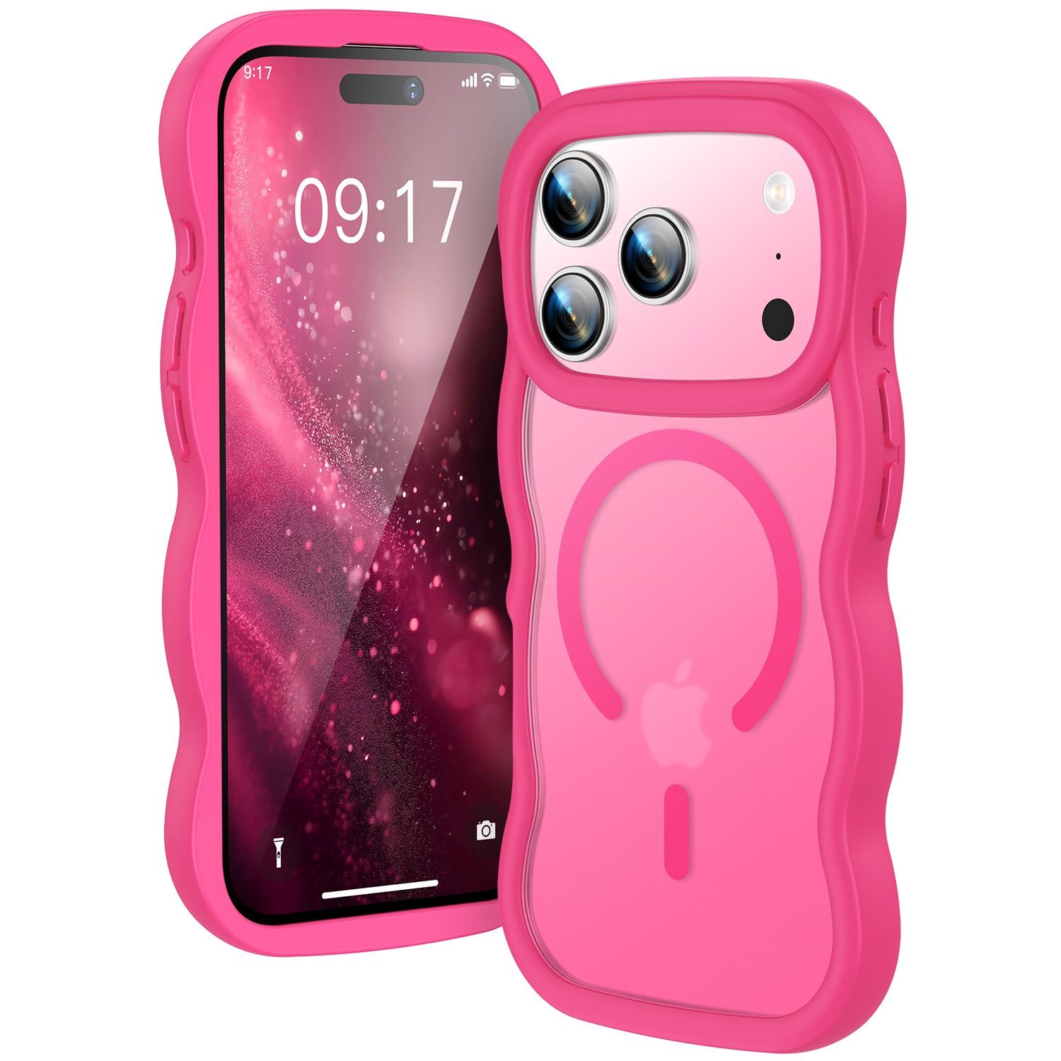 iPhone 18 Pro/17 Pro用 ケース ウェーブ MagSafe対応 可愛い韓国 半透明マット背面 ストラップホール付き ホットピンク