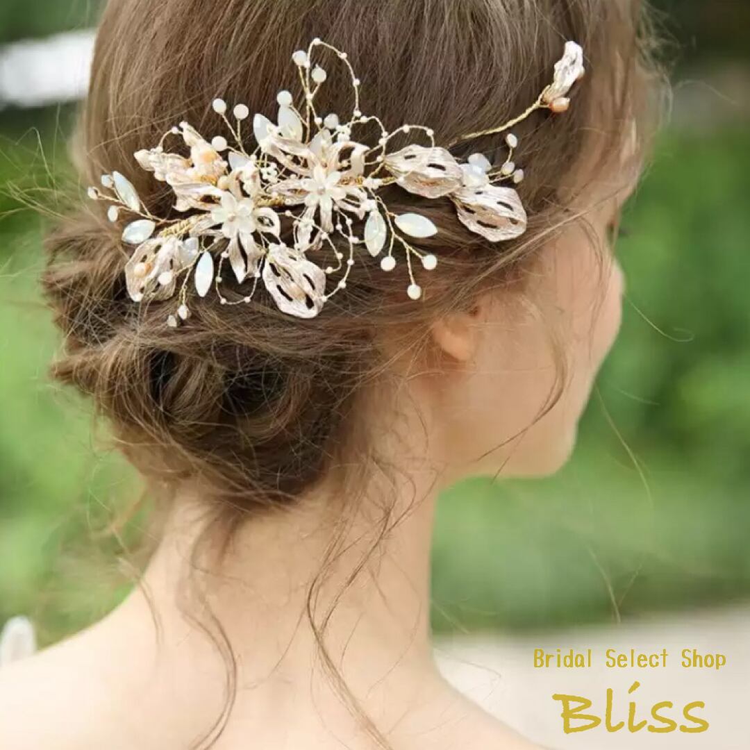 H-182 ウェディング アクセサリー【ゴールド フラワー&リーフ ヘッドドレス】ブライダル 髪飾り