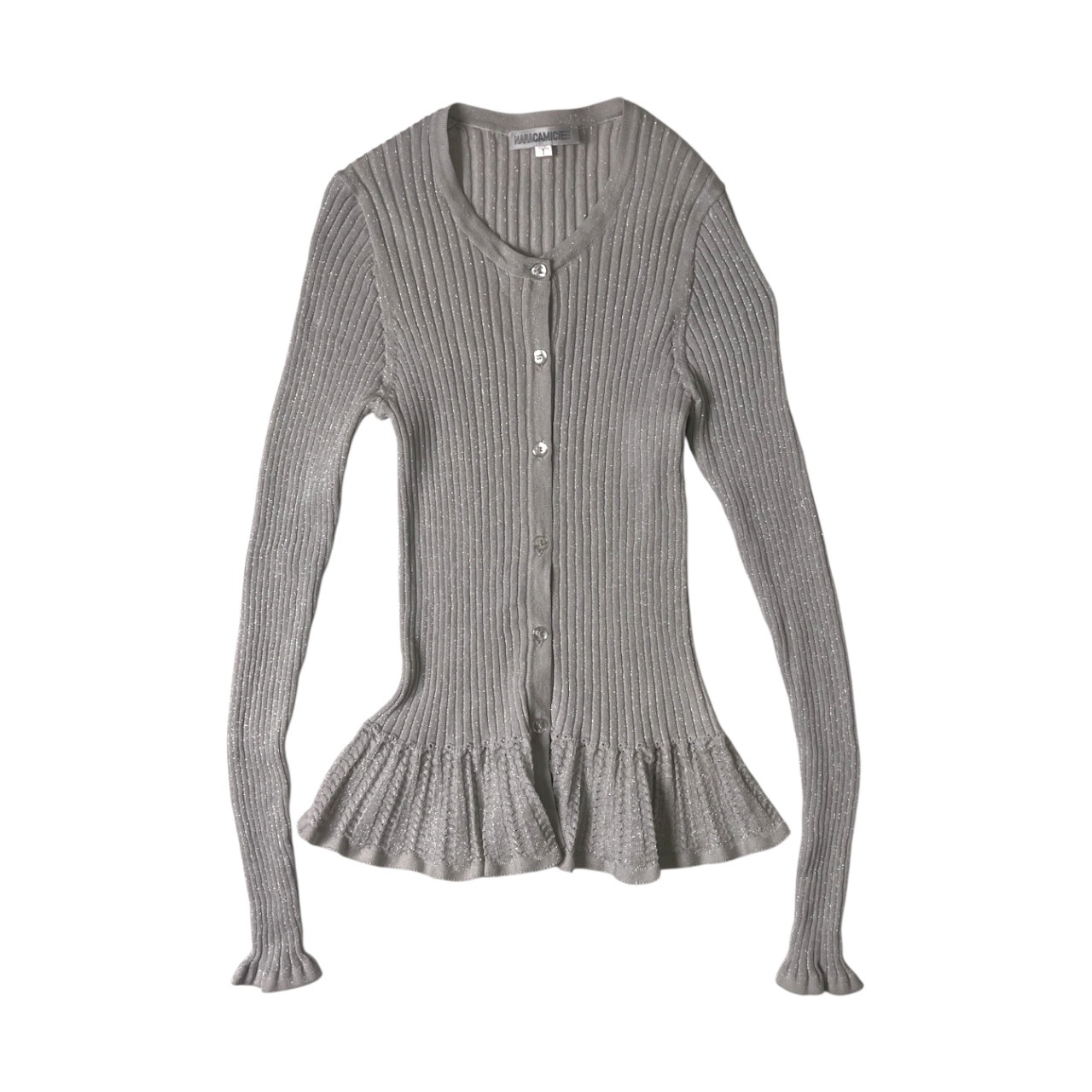 NARACAMICIE ナラカミーチェ ラメ 裾フリル リブ編み ニットカーディガン 1/アイスグレー