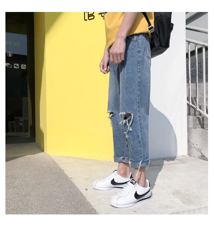 全1色 デニム パンツ ストレート カジュアル ダメージ 無地