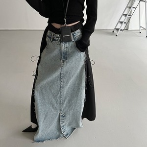 パッチワークプルアウトデニムロングスカート　LT0040024