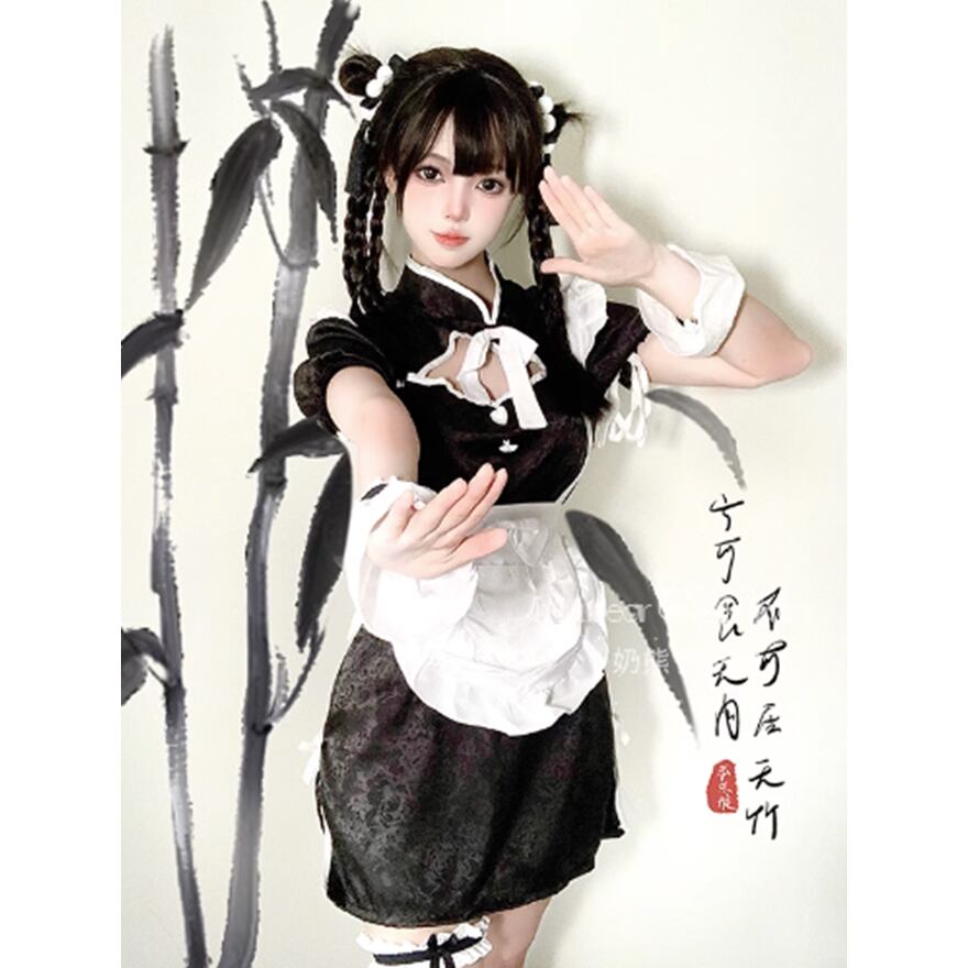 サブカル 服 地雷系 通販 メイドワンピース チャイナ風 エプロン ハンドカバー付き 闇かわいい