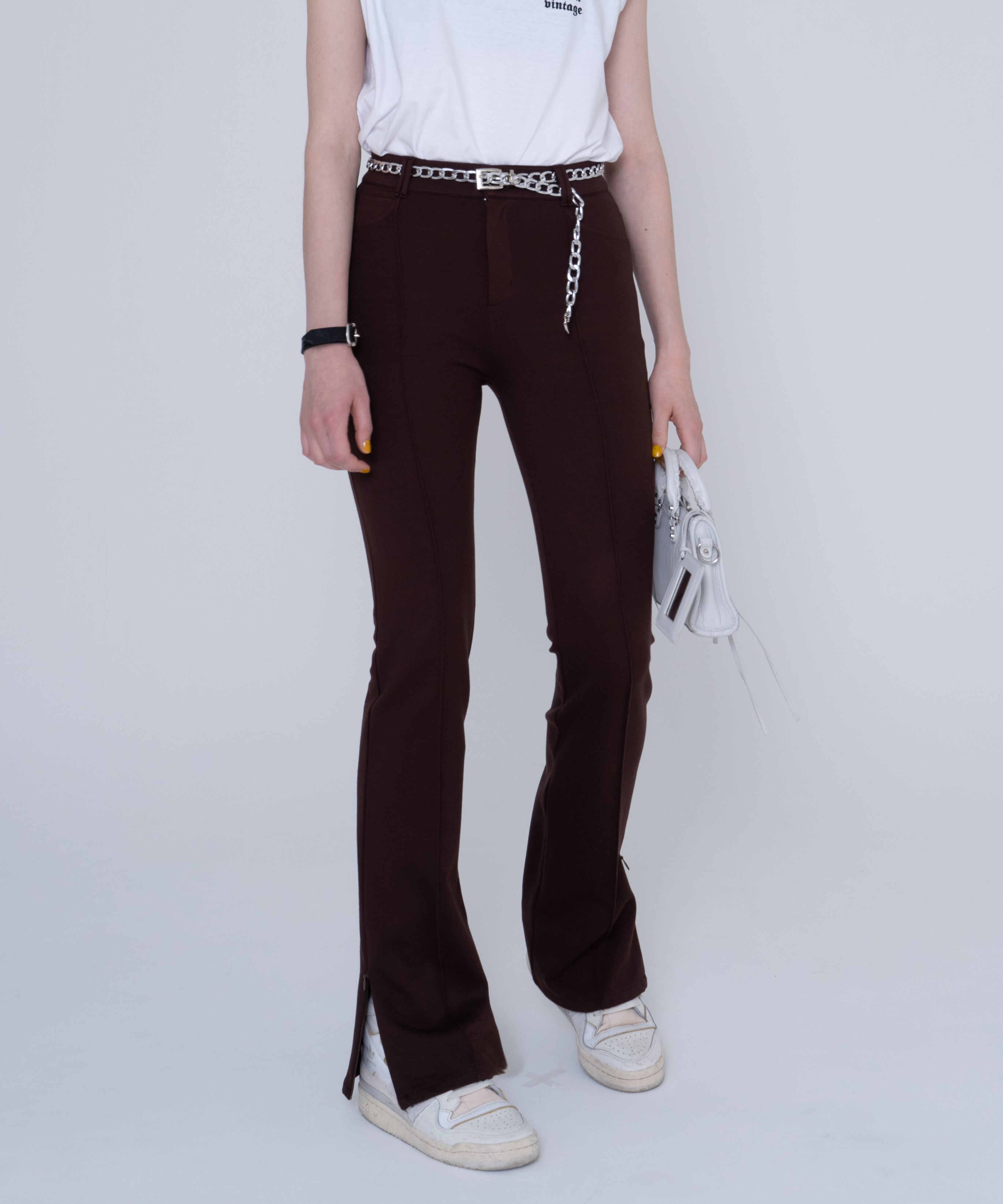 Center tuck stretch flare pants