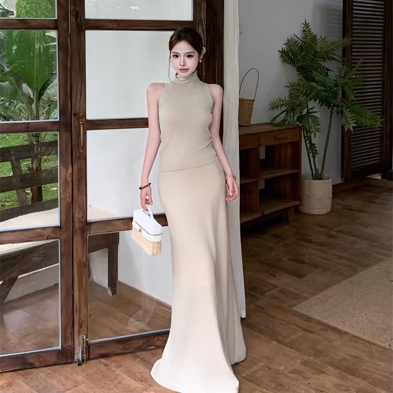 【set】ノースリーブハイネックトップス×ロングタイトスカートセット Q8445