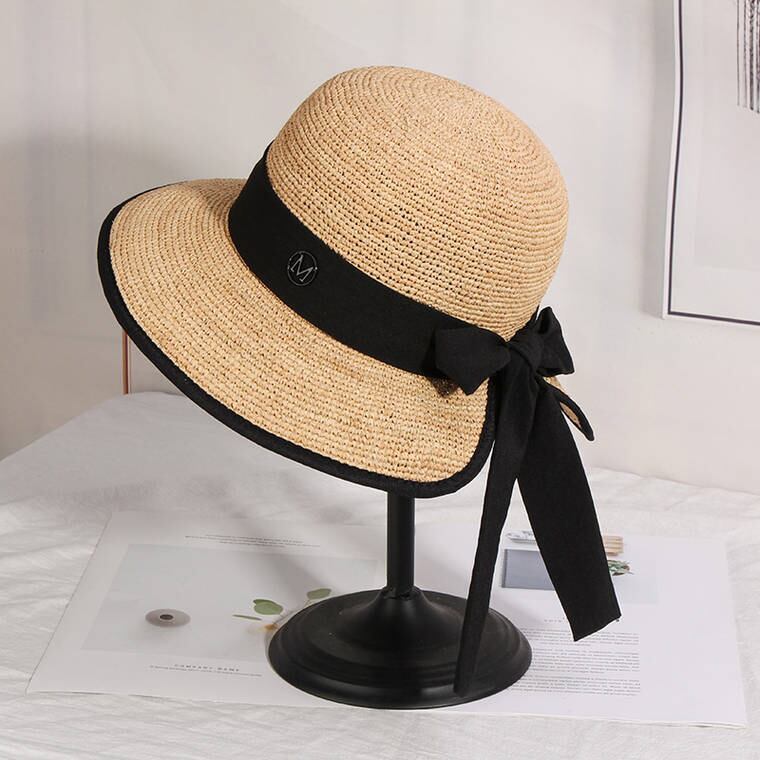 未使用 イタリア製 ストローハット 紫外線対策 スカーフリボン付