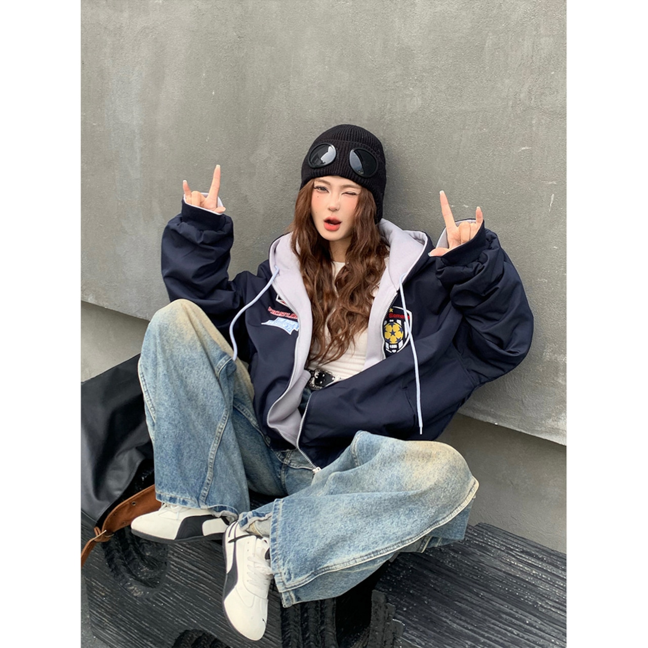 VINTAGE ストリート リバーシブル刺繍ジップパーカー T2011