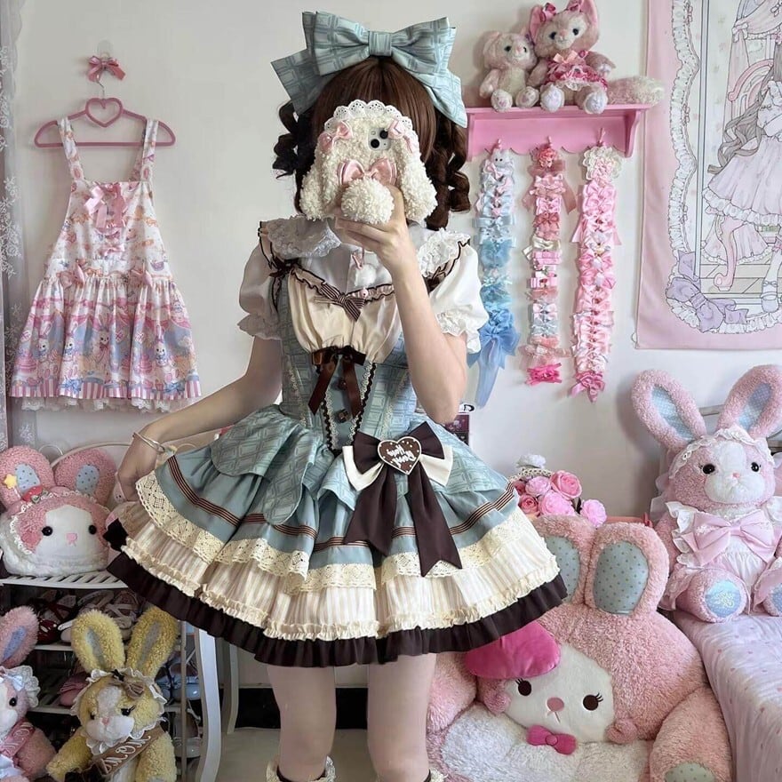 即納】ロリータドレスセット JSK チョコミント リボン フリル 甘ロリ