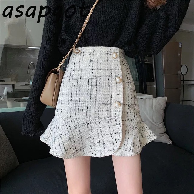 ツイードスカート ハイウエスト フリル おしゃれ 韓国風