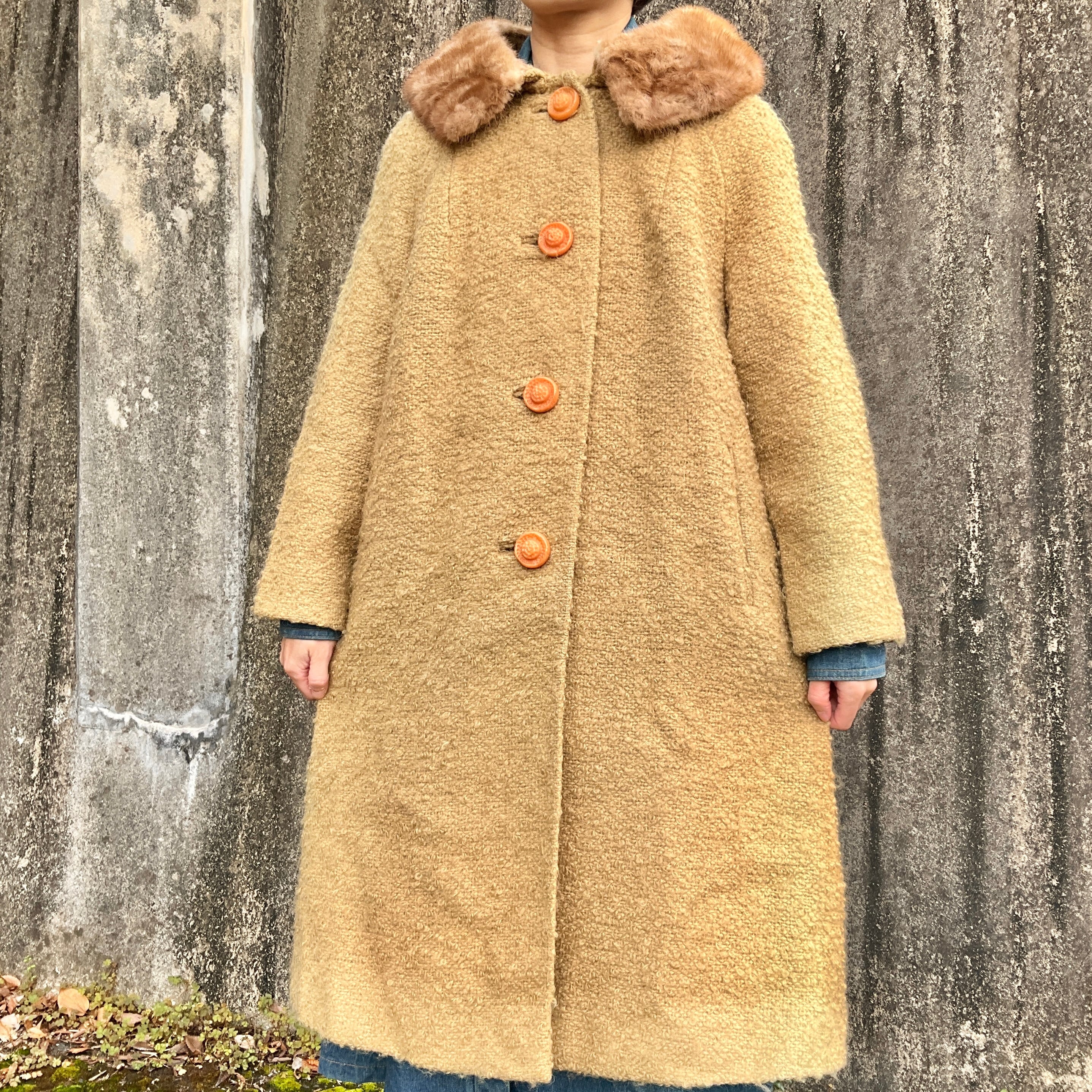 USA製 50年代〜60年代 50s 60s Ricemor ファー襟 Aライン ウールコート 古着 イエロー 黄色 ヴィンテージ ビンテージ  【f231123001】