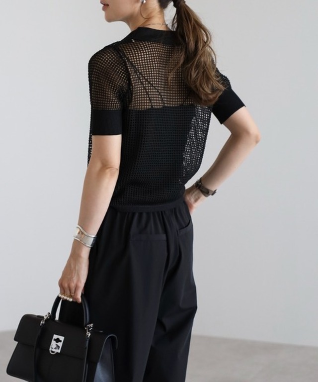 大人の透かし編みニットポロ