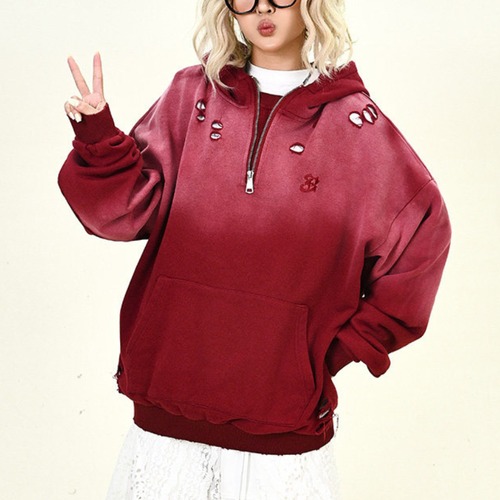gradient distressed half zip hoodie　グラデーションダメージハーフジップフーディ　J1674