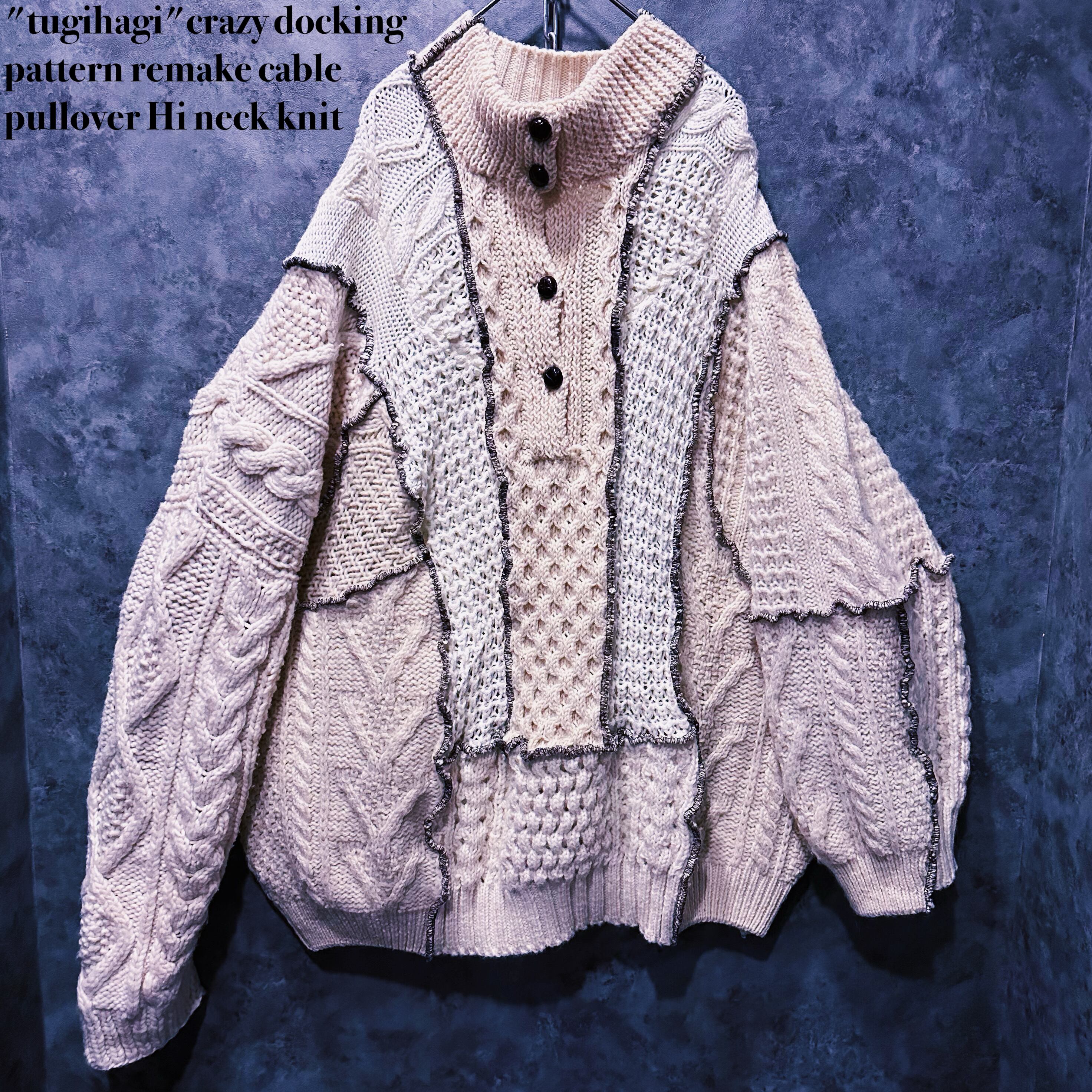 【doppio】"tugihagi"crazy docking pattern remake cable pullover Hi neck knit