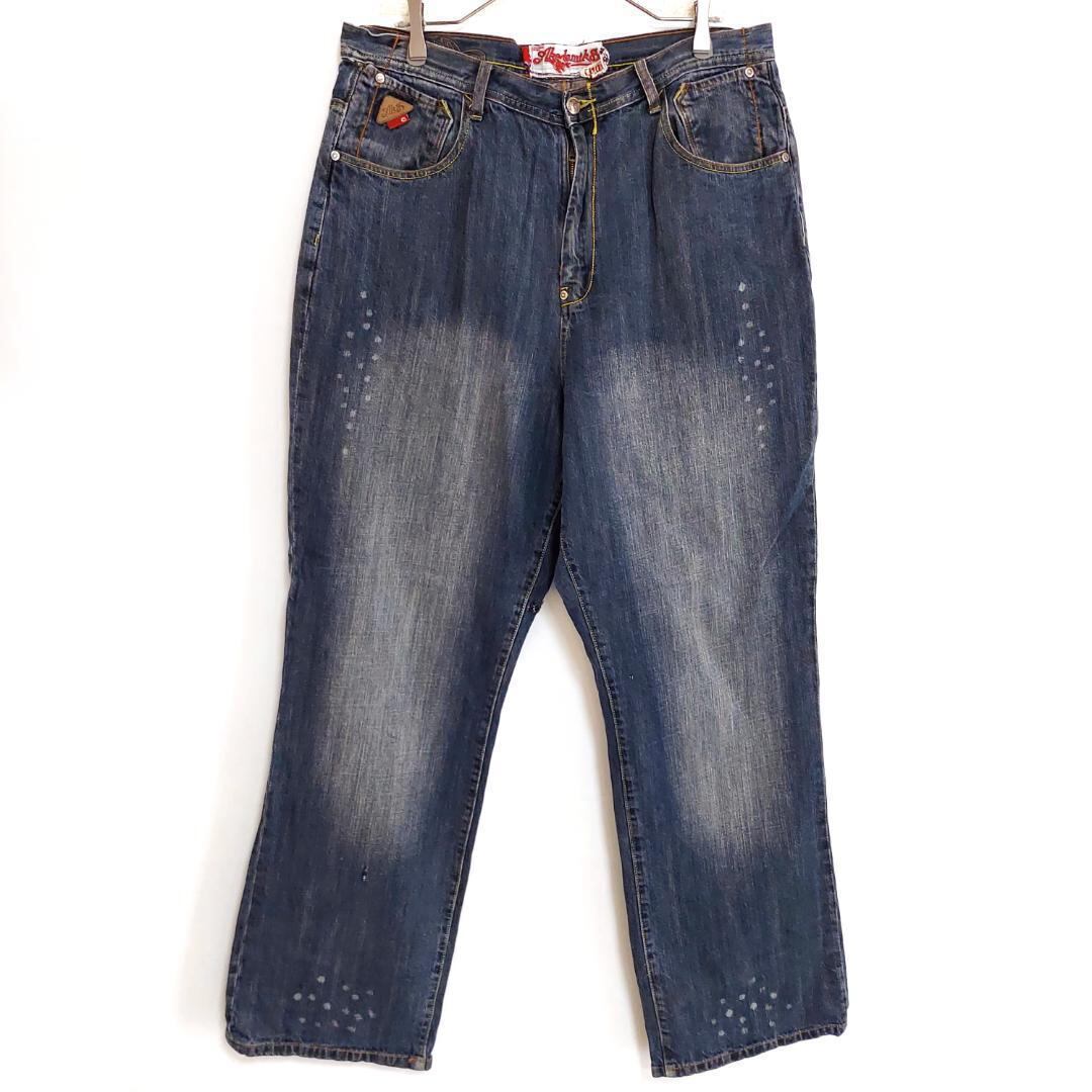 アカデミクス 刺繍ロゴデニム 紺ネイビー デザインボトムワイド