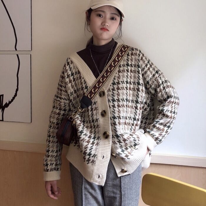 Vネックルーズセーターカーディガンジャケットレディースニットセーター2020年春冬新作レトロイーズスタイル 1号婦人27121812902