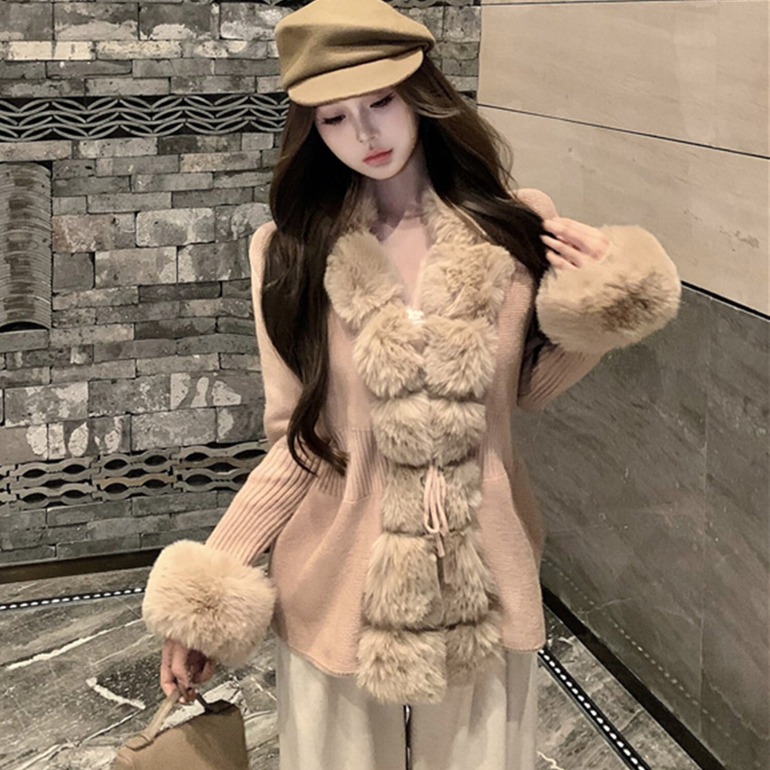 【outer】ファー付きニットアウター N2914