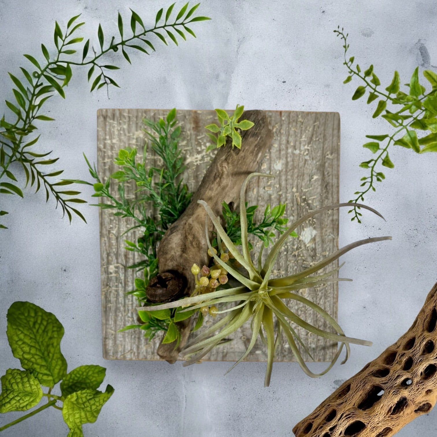 フェイクグリーン】ミニ流木×足場板ワイルドグリーン壁掛け⑥