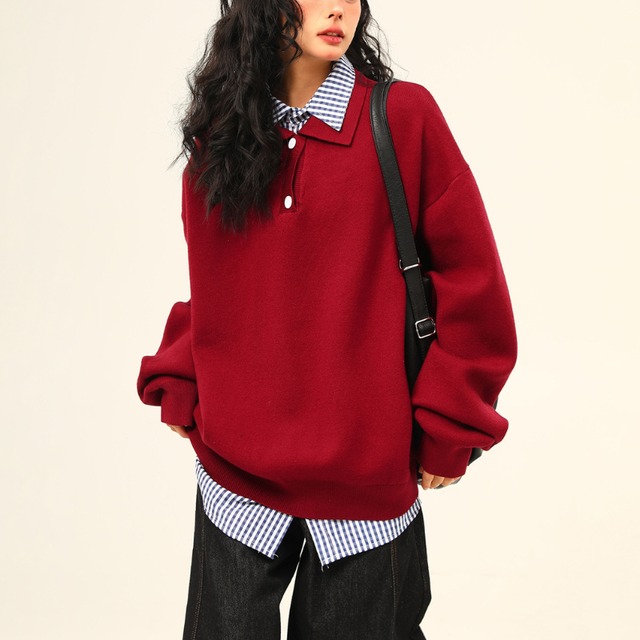 checked faux two-piece knit　チェック柄フェイクツーピースニット　J1501