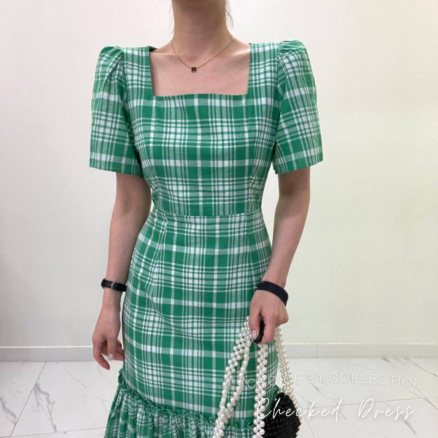 チェック柄 スクエアネック マーメイド ロング ワンピース グリーン レディースファッション Choice 31 レディースファッション通販